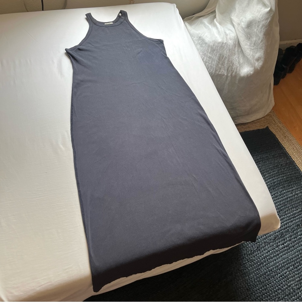 BUCK MASON grey cotton spandex blend rib knit scoop sleeveless midi dress